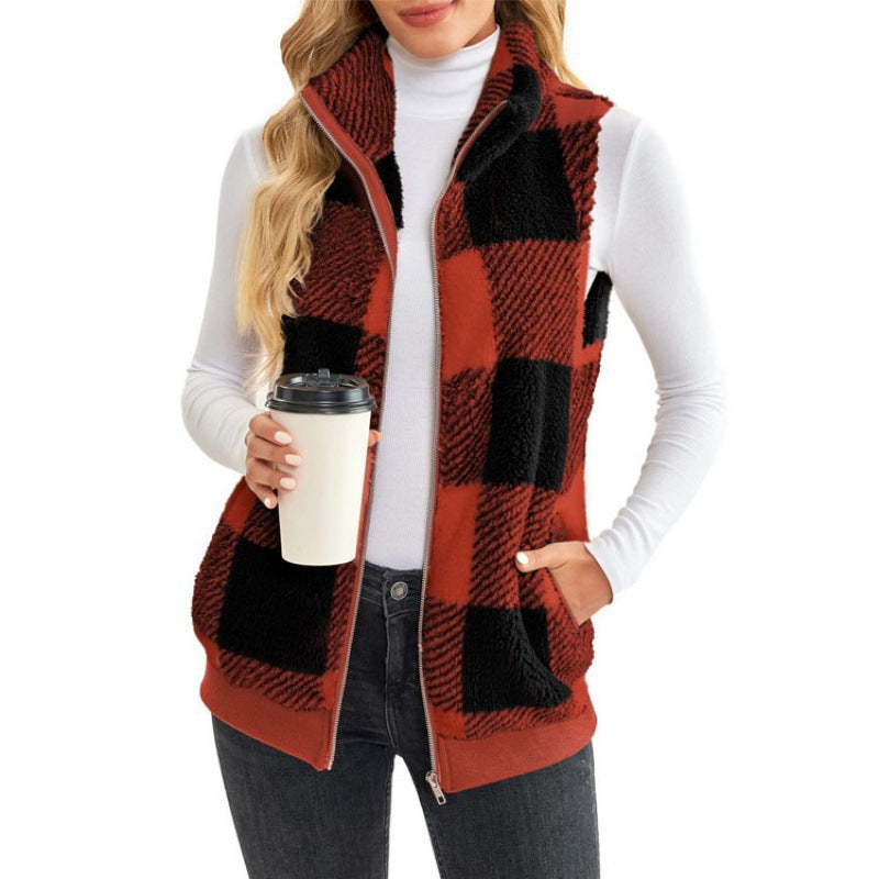 Womens Buffalo Plaid Sherpa Vest Zip Up Fleece Stand Collar