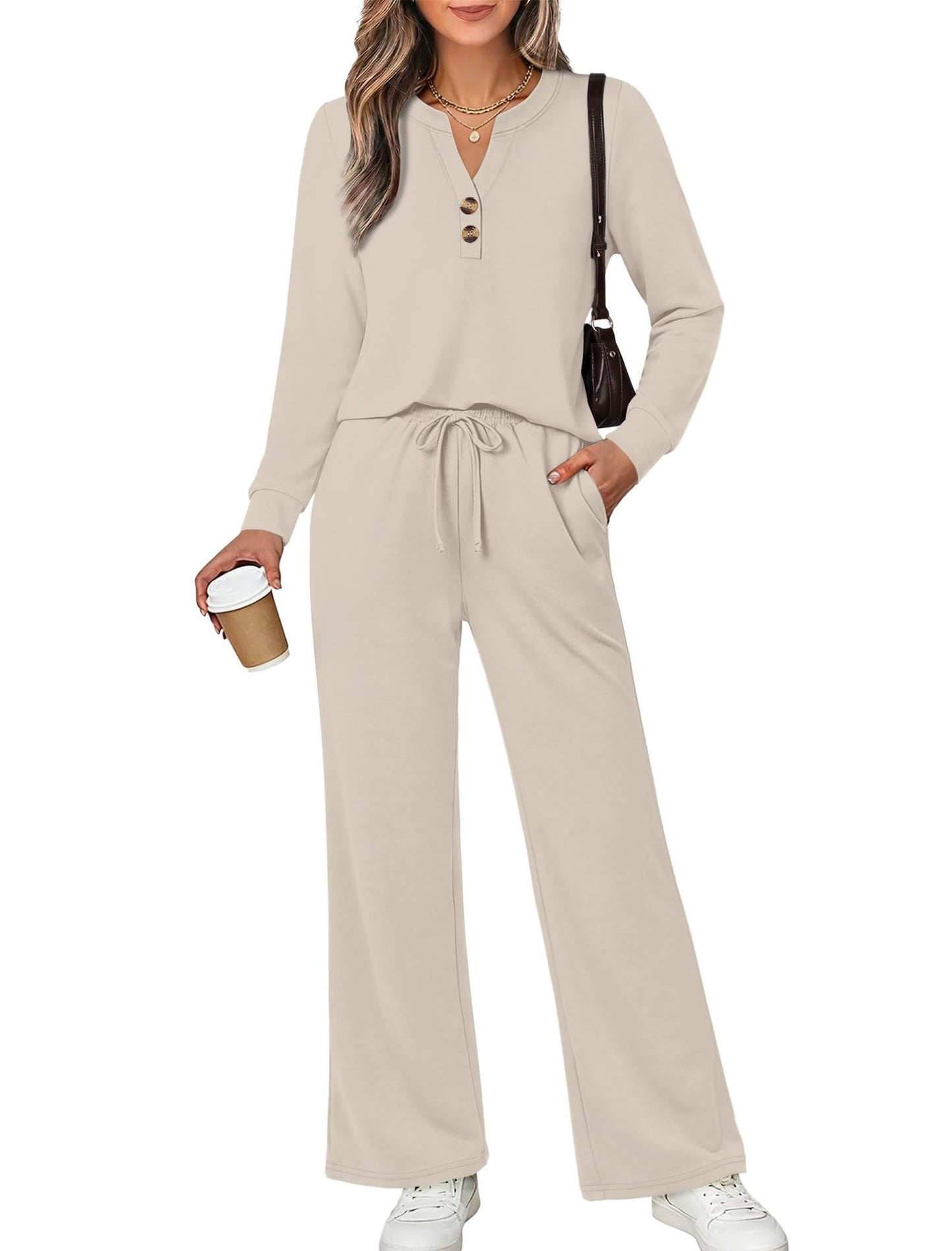 Women's 2 Piece Lounge Set Henley Top Wide Leg Pants