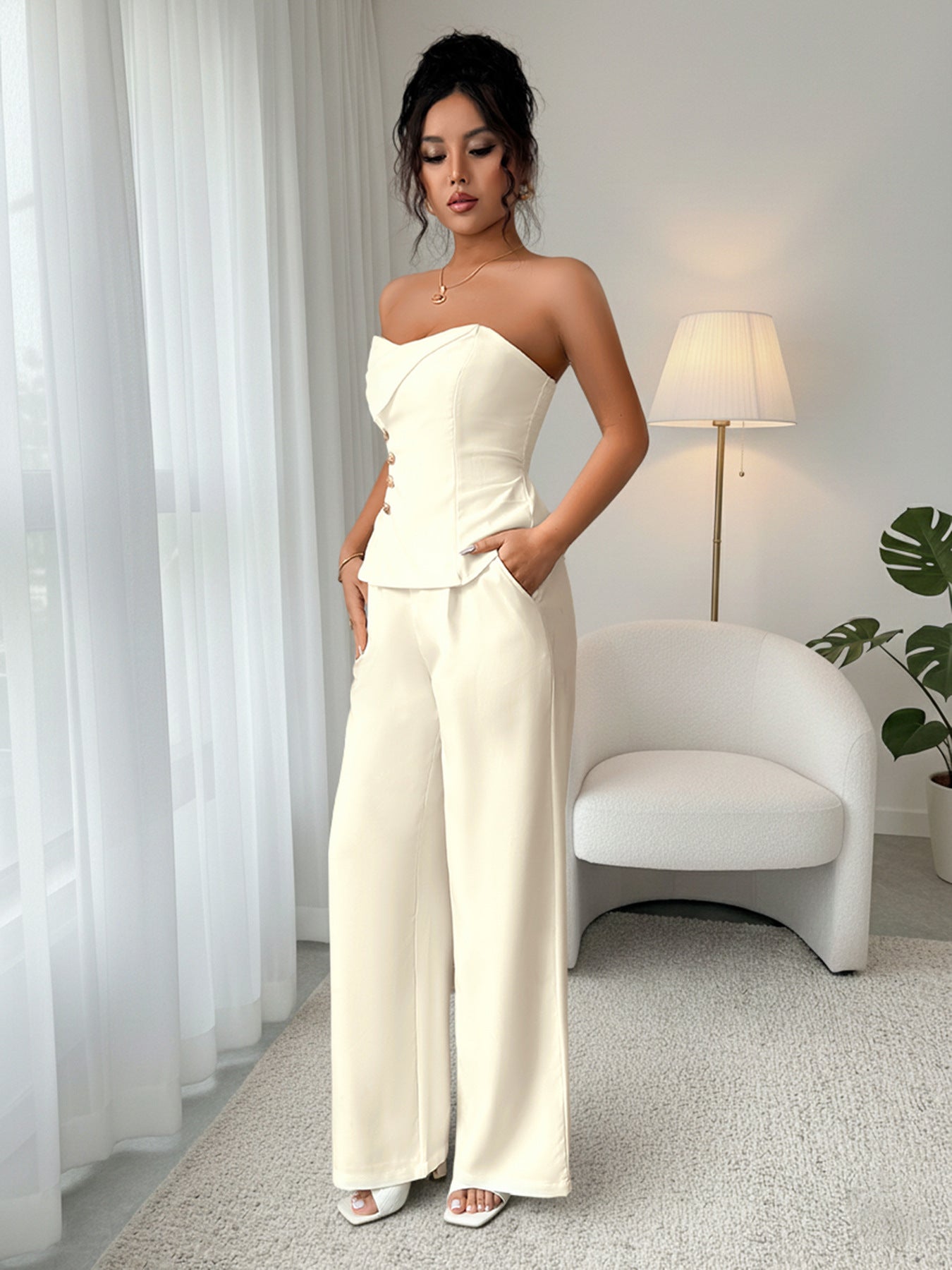 Strapless Button Detail Top and Wide Leg Pants Set