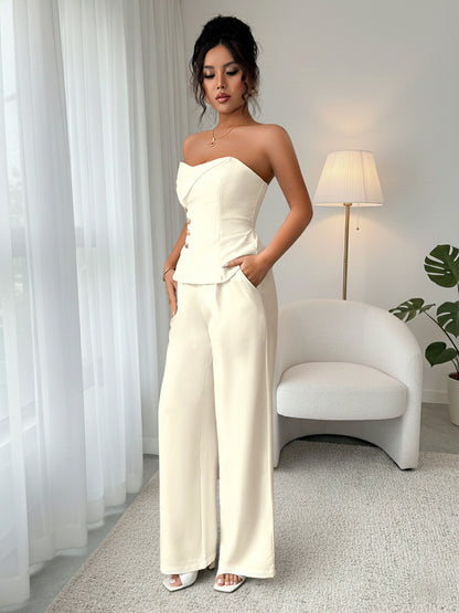 Strapless Button Detail Top and Wide Leg Pants Set