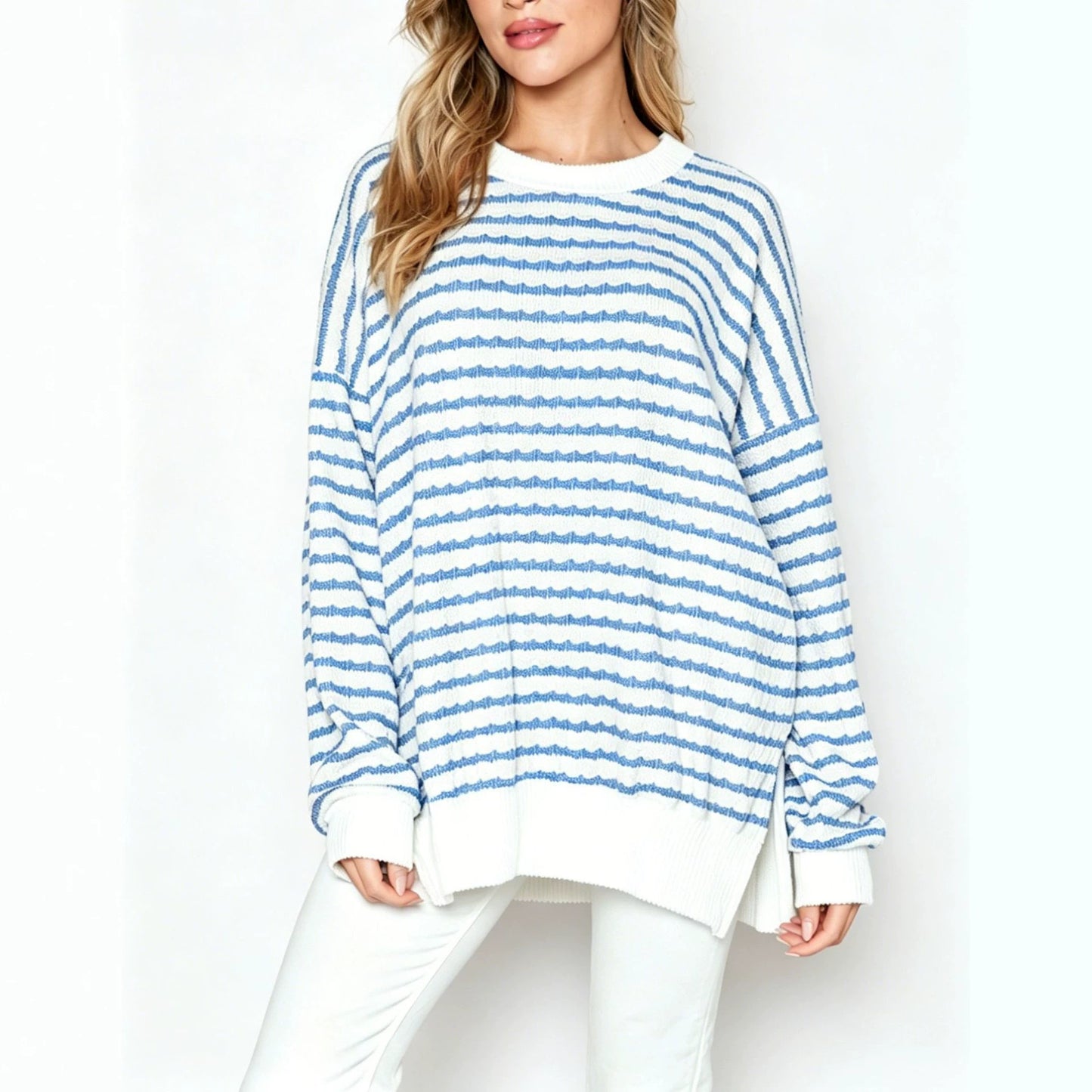 Oversized Stripe Knit Sweater Crew Neck Side Slit Pullover
