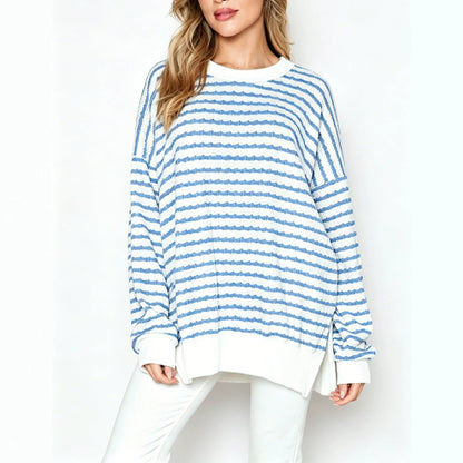 Oversized Stripe Knit Sweater Crew Neck Side Slit Pullover