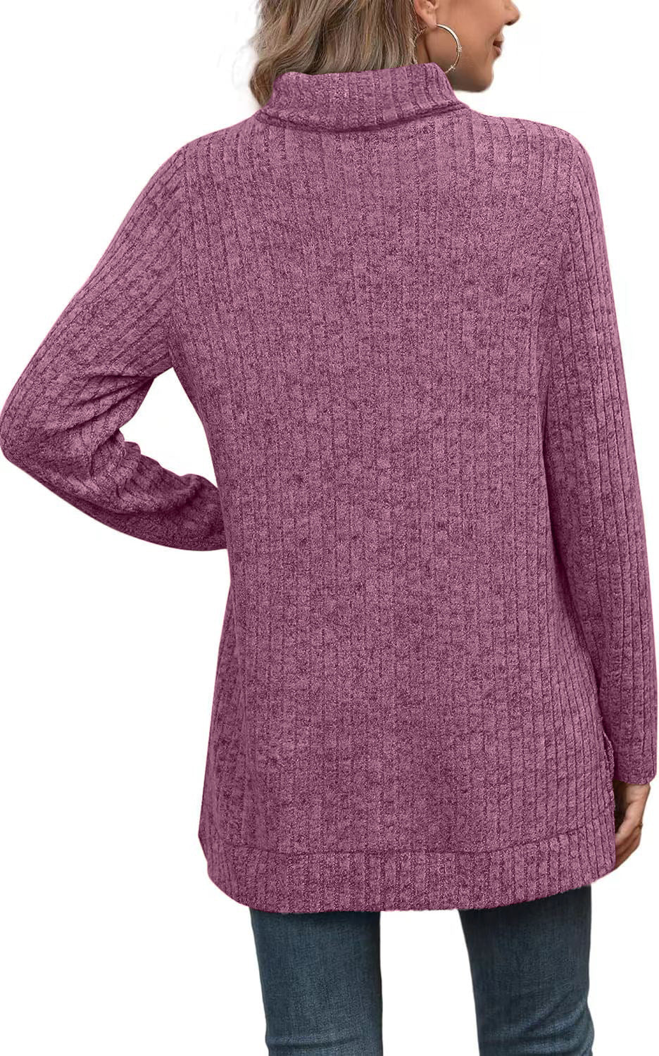 Oversized Ribbed Turtleneck Tunic Top Side Split