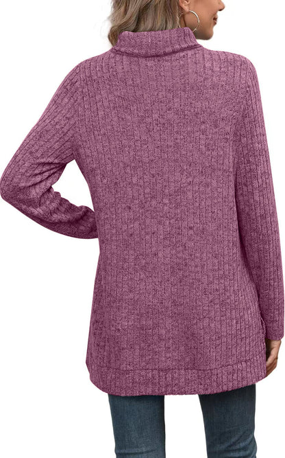 Oversized Ribbed Turtleneck Tunic Top Side Split
