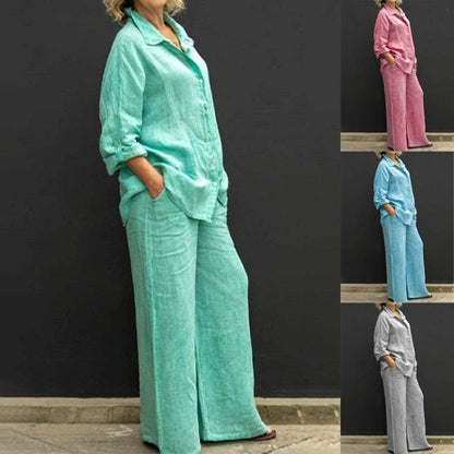 Women's Linen Shirt & Wide Leg Pants Two Piece Set