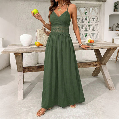 Women's Lace V-Neck Backless Maxi Dress Spaghetti Strap