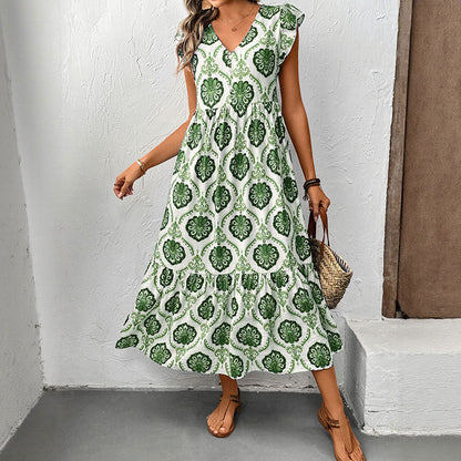 Boho Geometric Print Flutter Sleeve Midi Dress