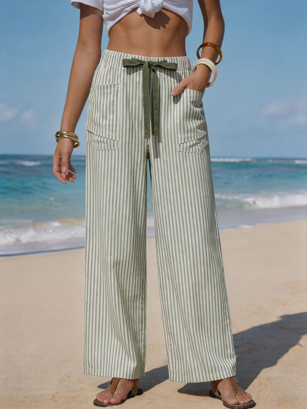 Women's Striped Linen Wide Leg Pants Drawstring Beach