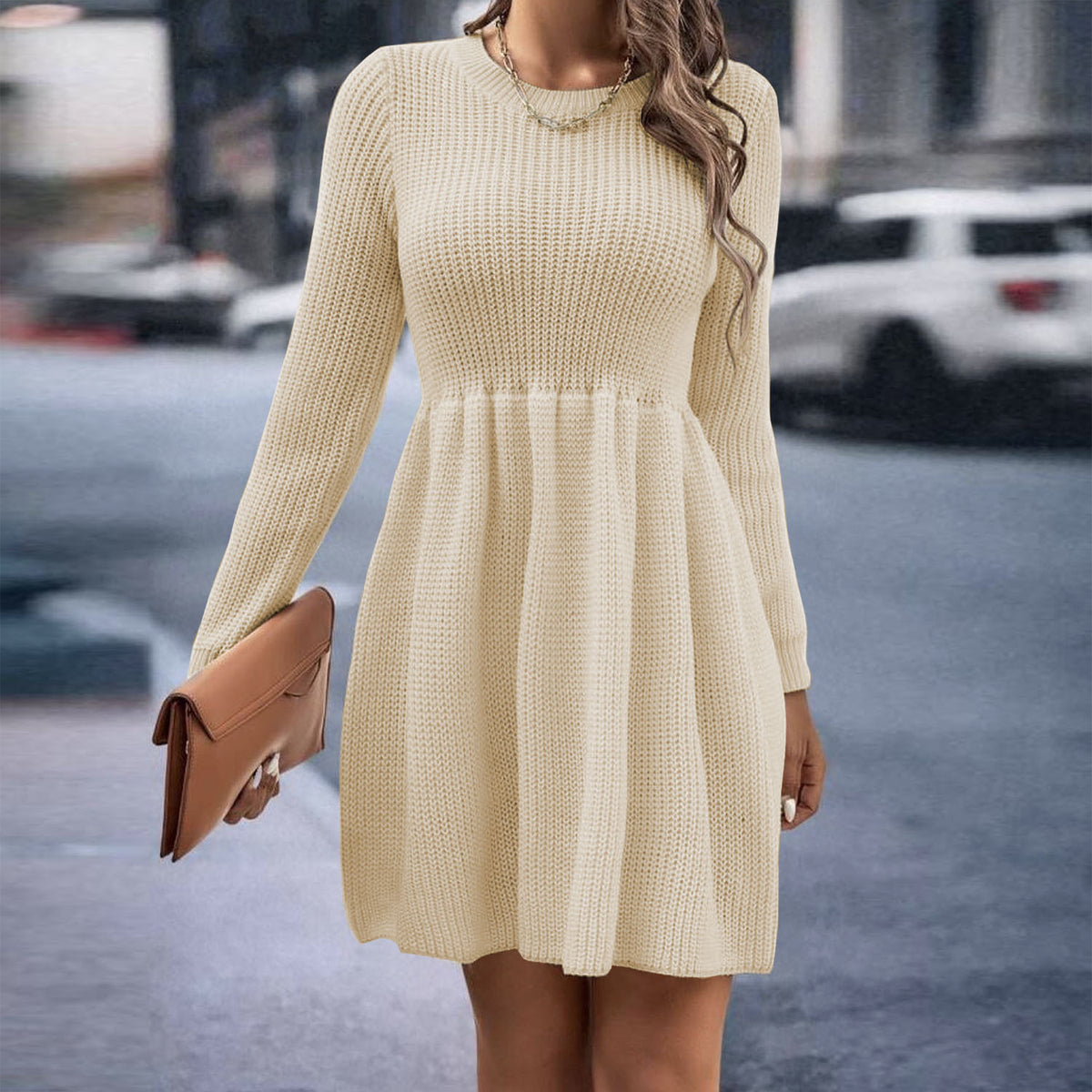 Ribbed Crew Neck Long Sleeve Fit and Flare Sweater Dress