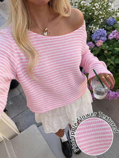 Striped Textured Knit Sweater Loose Fit Long Sleeve Top
