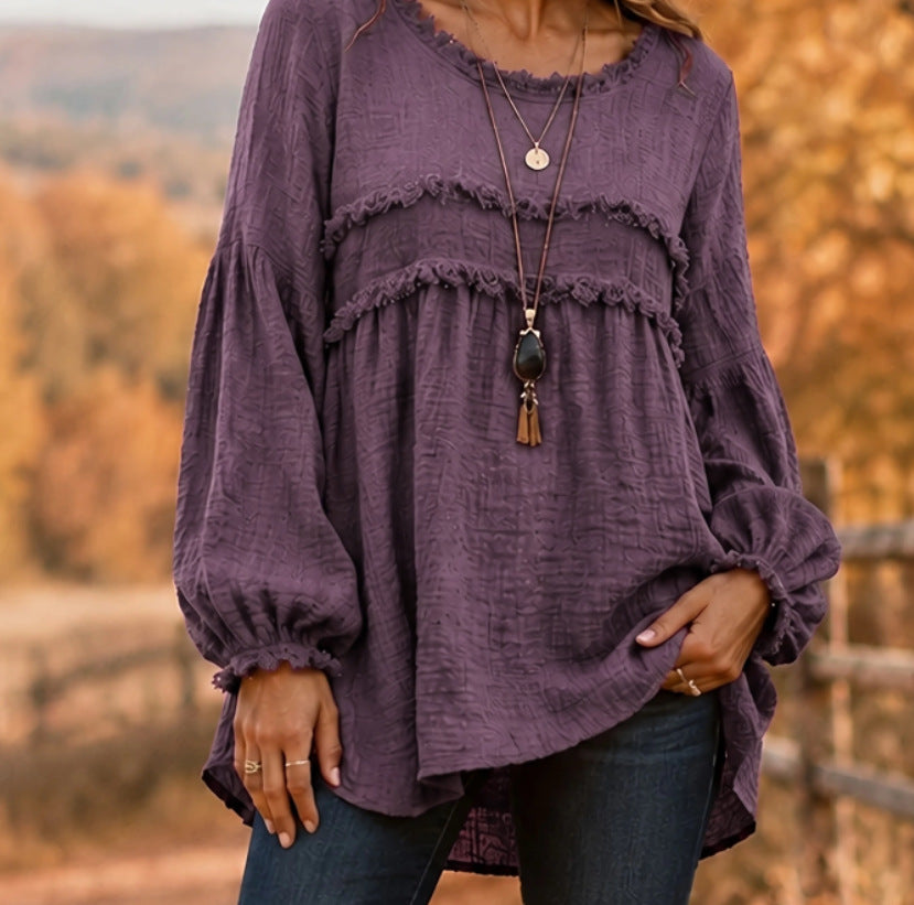 Women's Fringe Tiered Long Sleeve Flowy Textured Top