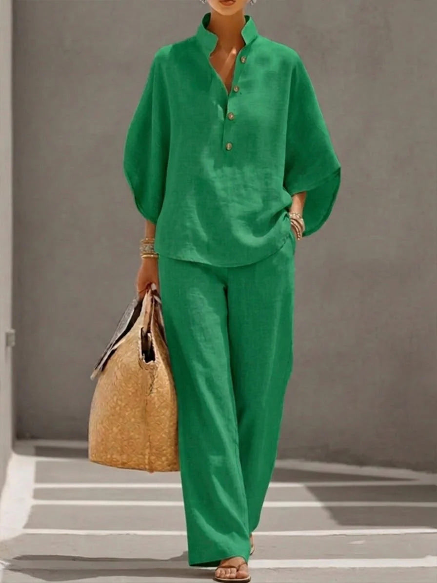 Womens Linen Blend Shirt & Wide Leg Pants Matching Set