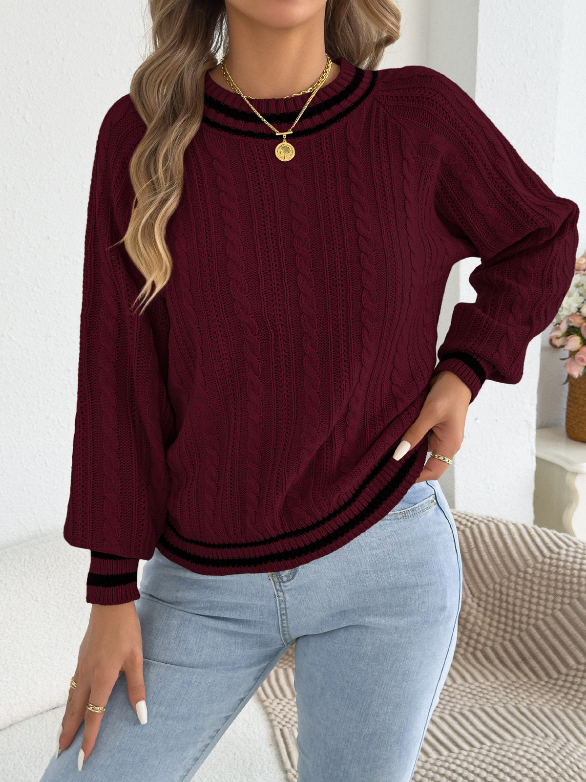 Women's Cable Knit Balloon Sleeve Crew Neck Sweater