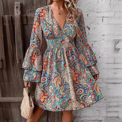 Women's Floral Print V-Neck Flared Sleeve Dress