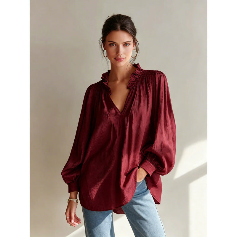 Solid Crinkle Blouse Ruffle V Neck Long Sleeve Top