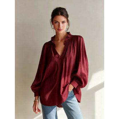 Solid Crinkle Blouse Ruffle V Neck Long Sleeve Top