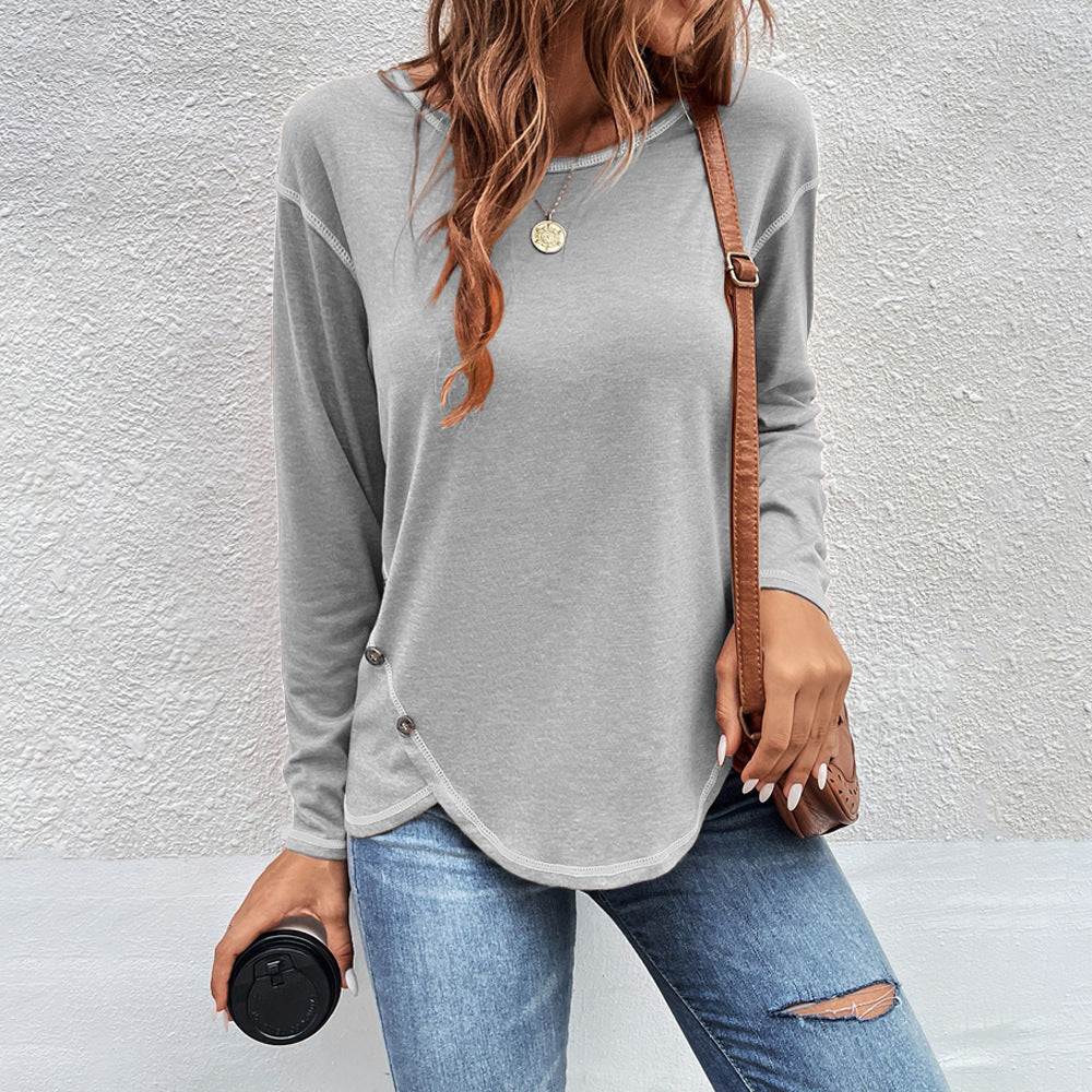 Women's Side Button Long Sleeve Curved Hem Tunic Top