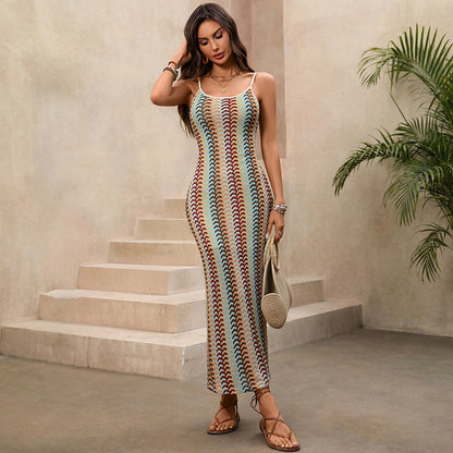 Ethnic Striped Knit Maxi Dress – Summer Vacation Slim Fit