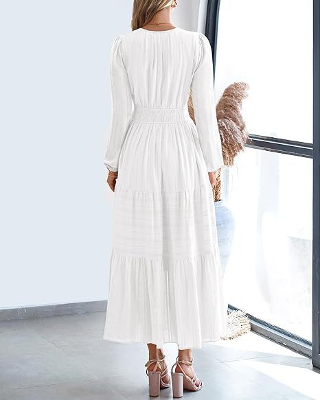 Women's V-Neck Long Sleeve Tiered Maxi Smocked Cotton Dress