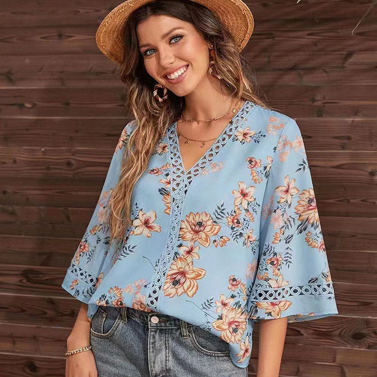 Women's Floral Lace V-Neck Bell Sleeve Boho Summer Blouse