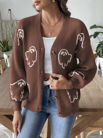 Halloween Ghost Print V-Neck Cardigan | Cozy Knit Sweater