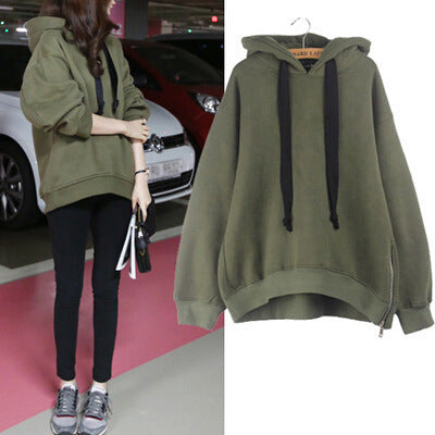 Women's Oversized Fleece Hoodie Lantern Sleeve Side Zip