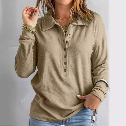 Ribbed Collared Button Front Long Sleeve Knit Top