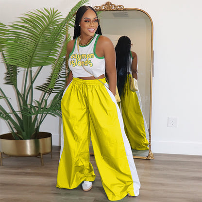 Women Sporty Color Block Wide Leg Pants Loose Side Stripe
