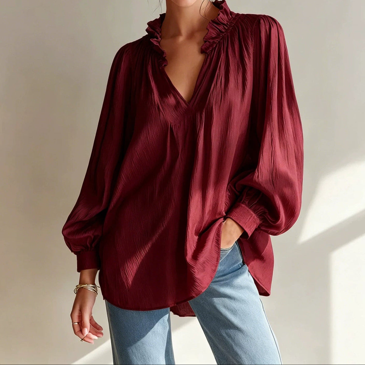 Women's Ruffle V-Neck Blouse Long Sleeve Loose Fit Top