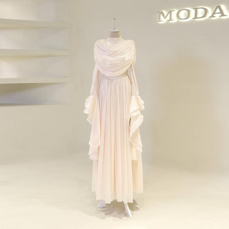 Women's Elegant Pleated Long Sleeve Maxi Dress
