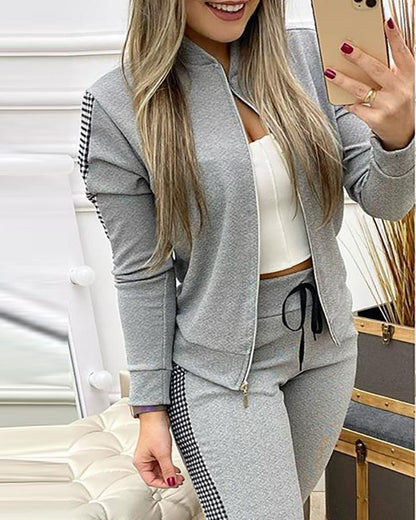 Women's Houndstooth Patchwork Zip-Up Tracksuit Set