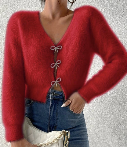 Women's Fuzzy Bow Button V-Neck Cardigan
