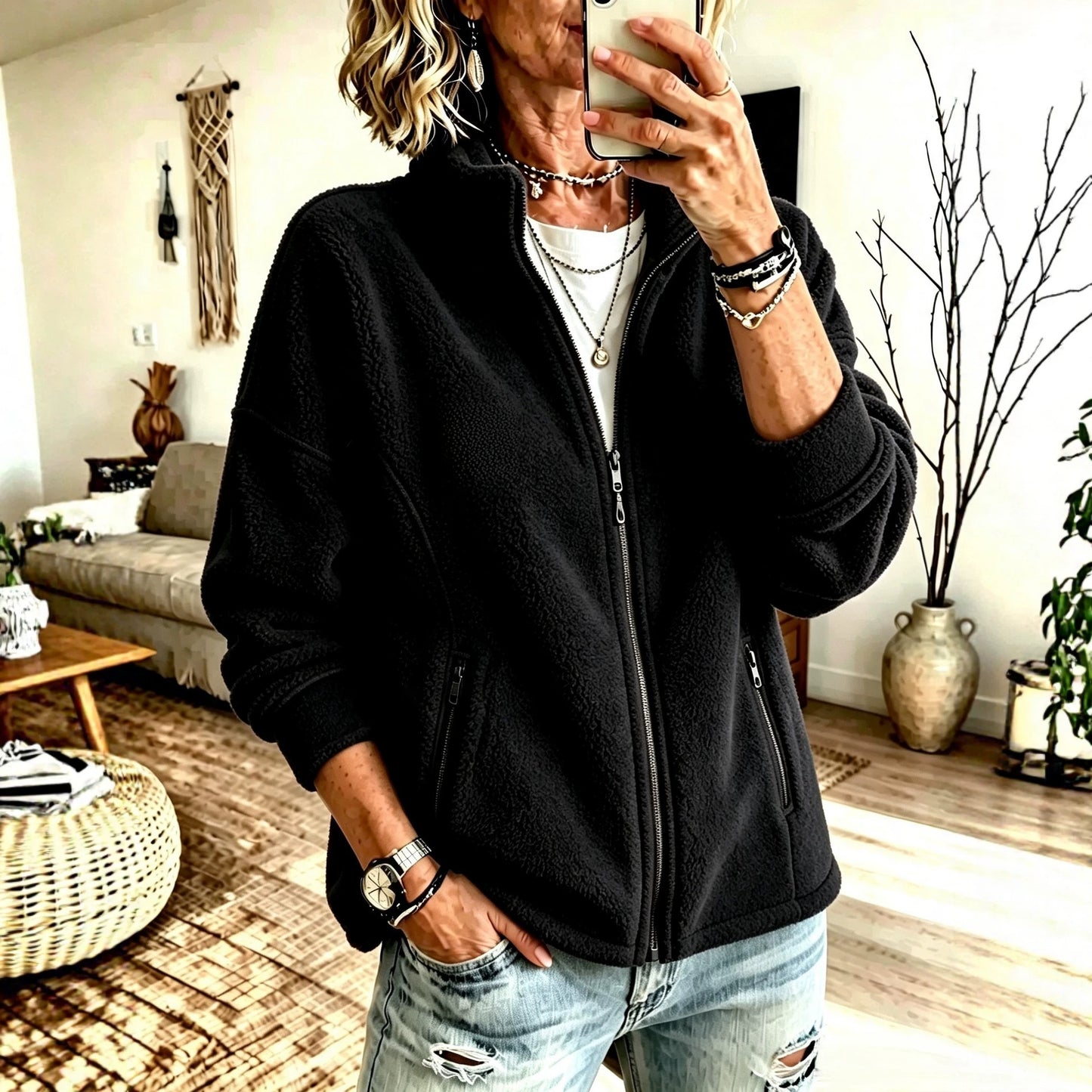 Women's Oversized Fleece Full Zip Jacket Stand Collar