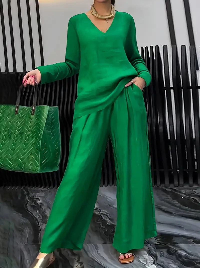 Women's Casual V Neck Wide Leg Pants Matching Set Plus Size
