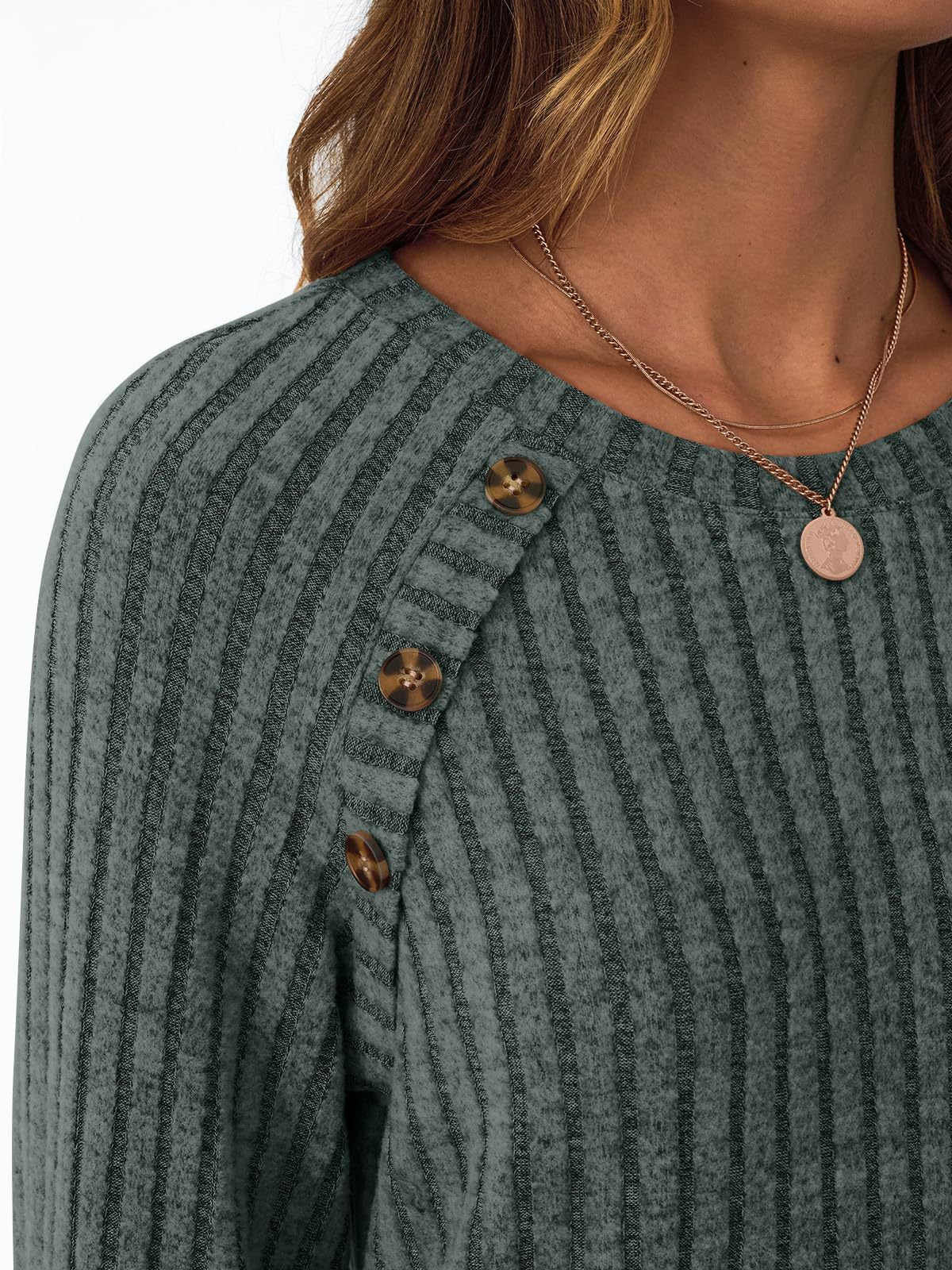 Ribbed Knit Crewneck Sweatshirt with Button Detail
