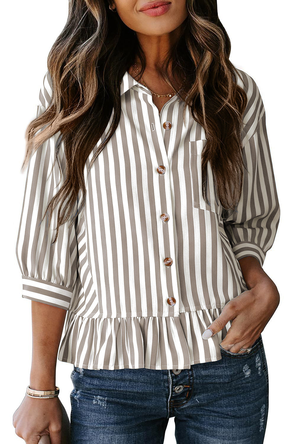 Striped Button Down Ruffle Hem 3/4 Sleeve Blouse