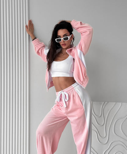 Velvet Tracksuit Color Block Zip Jacket Pants Set