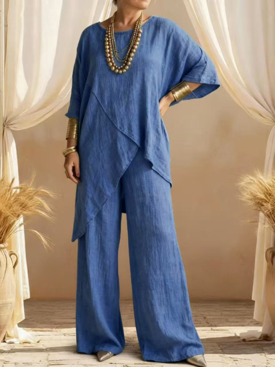 Women's Linen 2PC Set Asymmetric Hem Wide Leg Pants