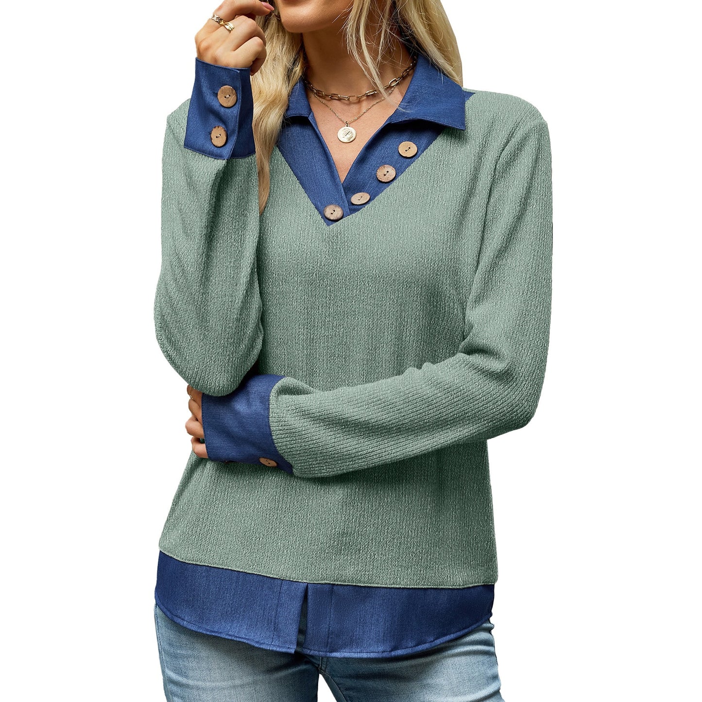 Women's Color Block Denim Collar Layered Sweatshirt