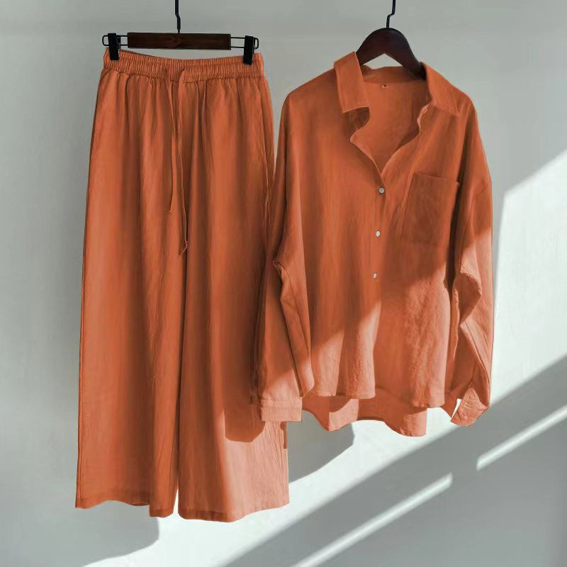 Linen Blend Button Shirt Wide Leg Pants Two Piece Set