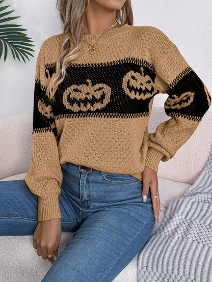 Halloween Pumpkin Pattern Colorblock Long Sleeve Sweater
