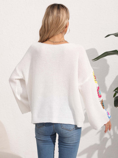 Women's Clothing One-word Collar Off-the-shoulder Hand Hook Flower Splicing Sweater