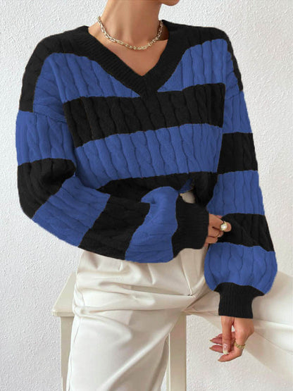 Women's Oversized V-Neck Striped Cable Knit Sweater