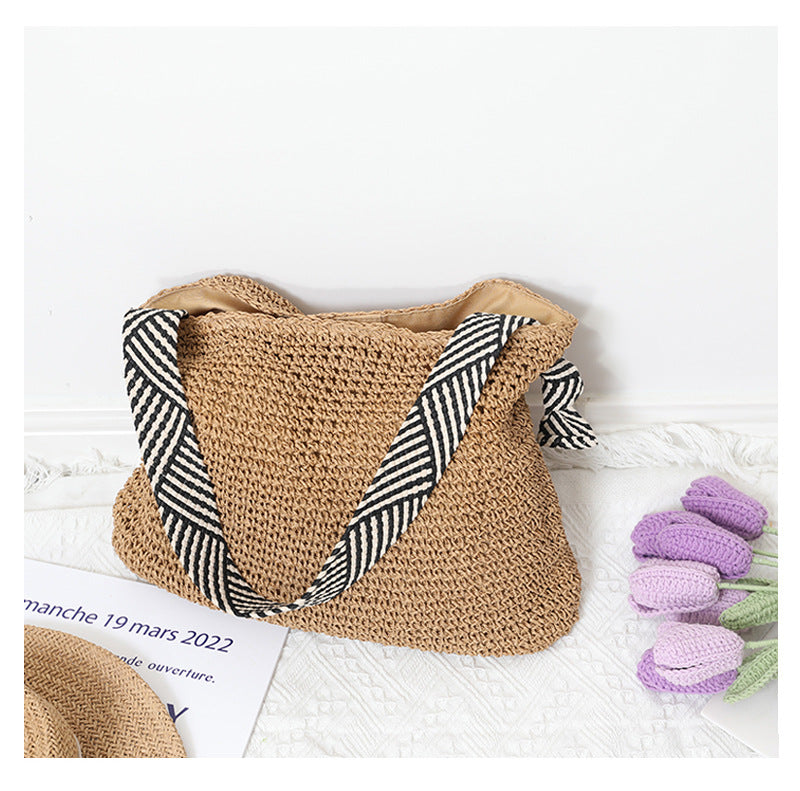 Striped Strap Straw Shoulder Bag Beach Tote for Women