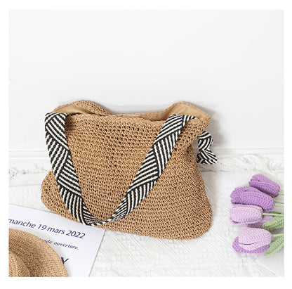 Striped Strap Straw Shoulder Bag Beach Tote for Women
