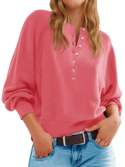 Women's Oversized V-Neck Button Lantern Sleeve Sweater
