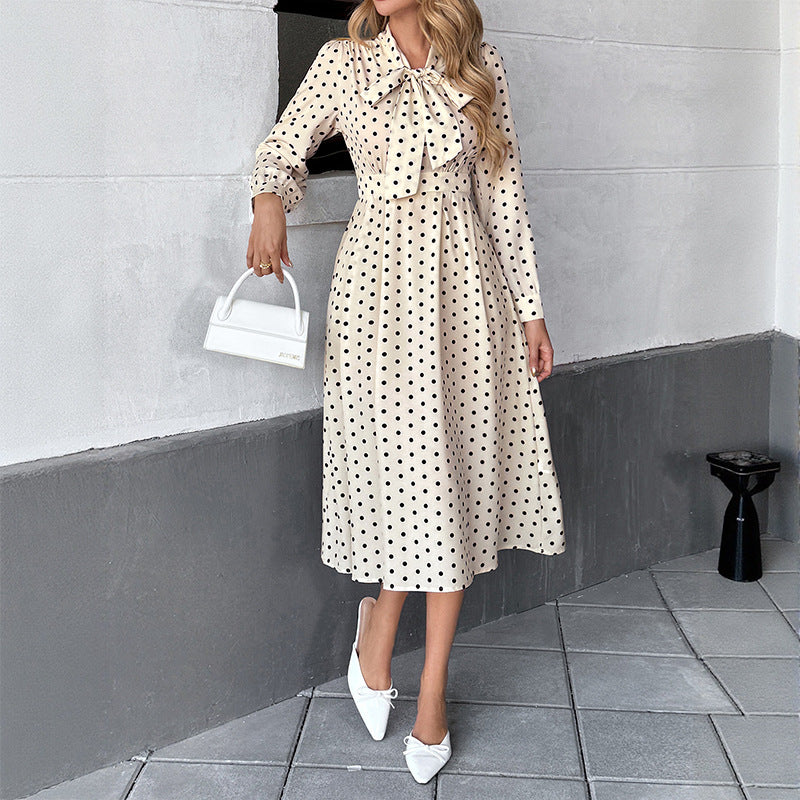 Polka Dot Bow Tie Long Sleeve A-Line Midi Dress