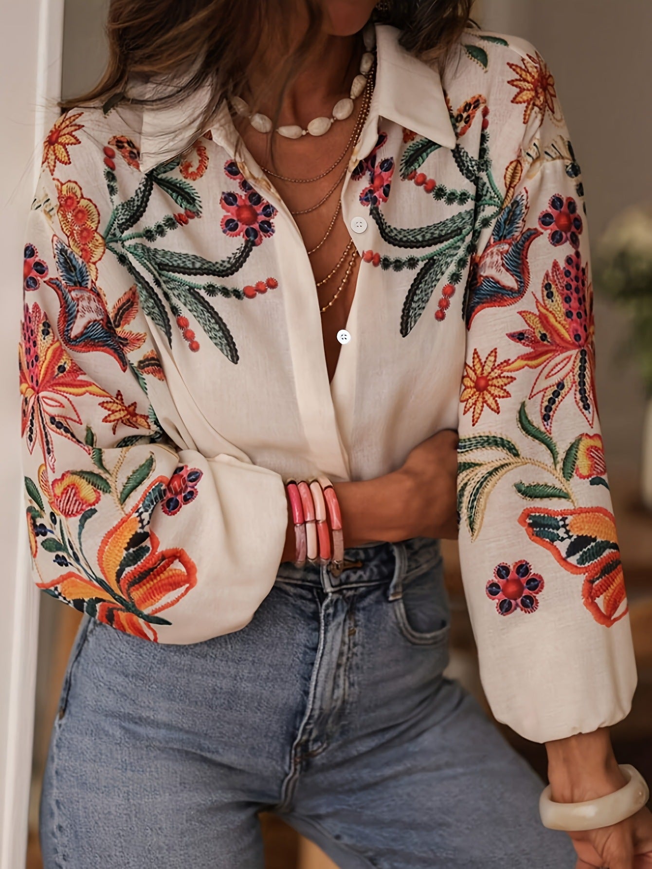 Women's Boho Floral Long Sleeve Button Down Shirt