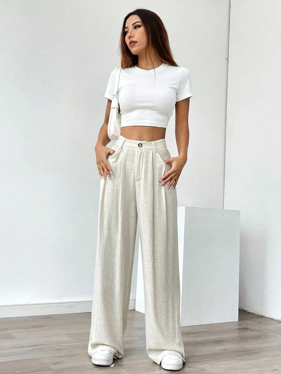 Women's High-Waist Wide-Leg Linen Pants – Casual Loose Summer Trousers