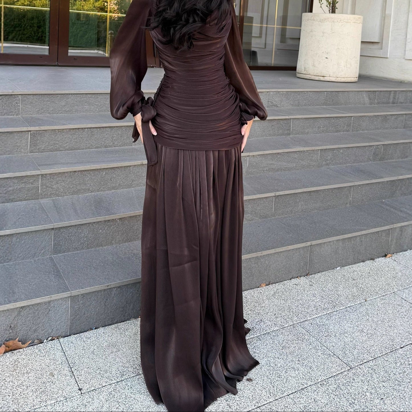 Satin Ruched Long Sleeve Maxi Dress Wedding Guest